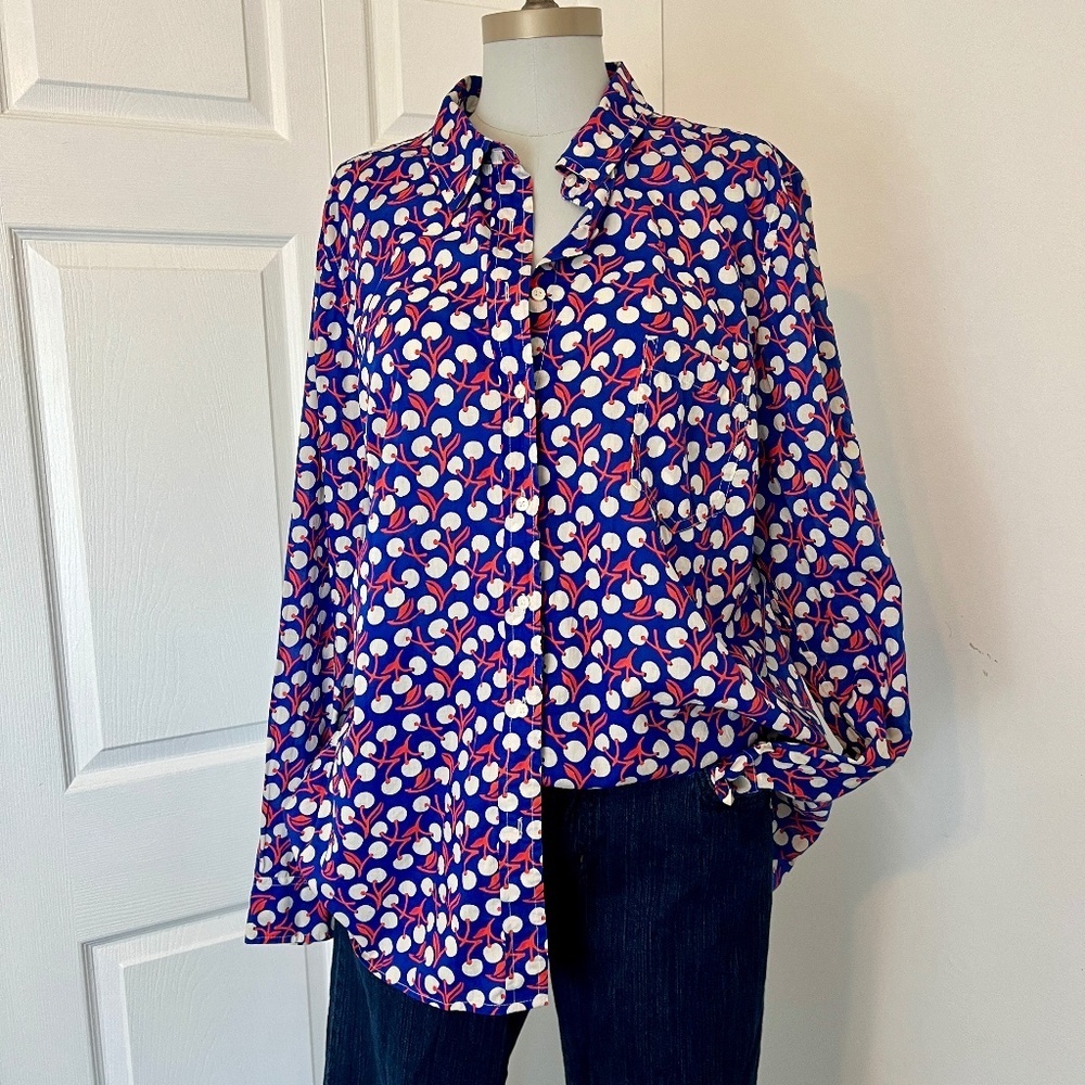 Gap Women's Blue Red and White Oversized Long Sleeved Shirt Top Size: XL